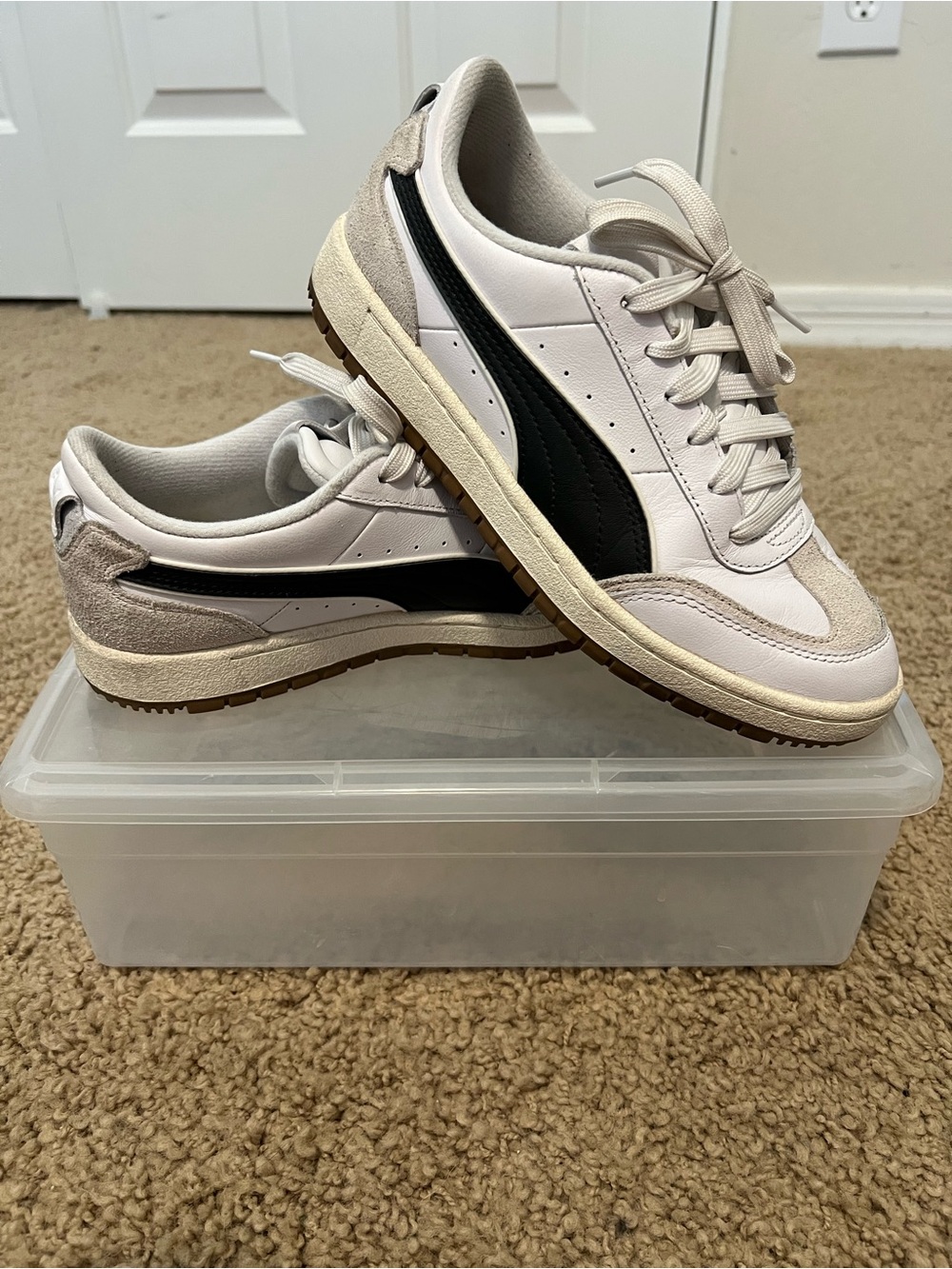 Puma Women's White Sneakers with Black Formstrip and Tan Accents